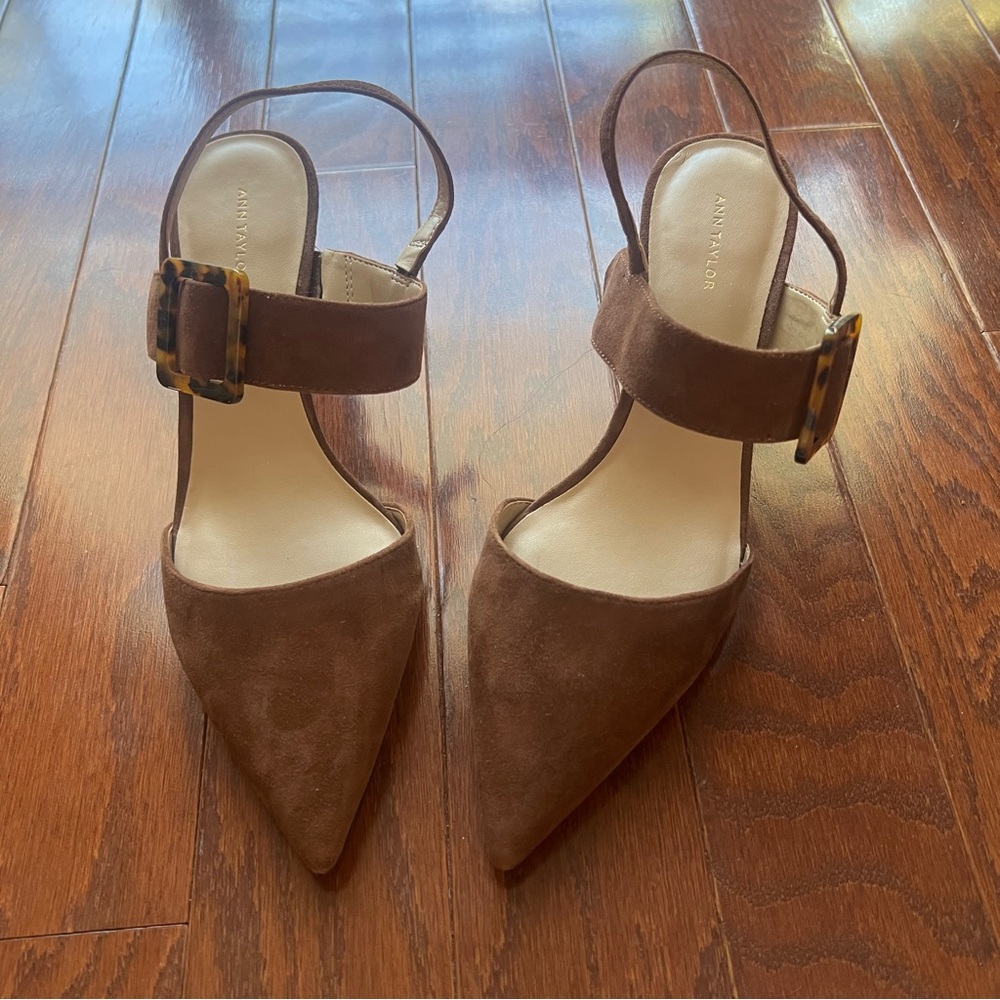 Ann Taylor Brown Suede Heels with Tortoise Buckle